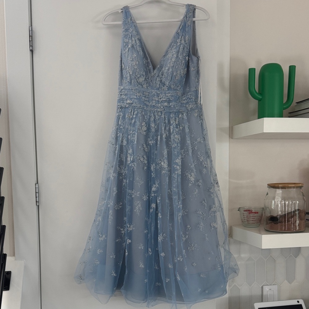 Marchesa Light Blue Floral Lace Midi Dress